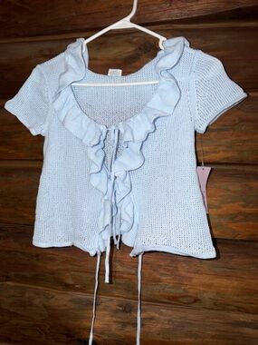 wild fable Light Blue Open-Knit Crewneck Sweater